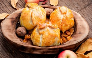 Example of what a completed apple dumpling recipe may look like, and an enticing display of apple dumplings.